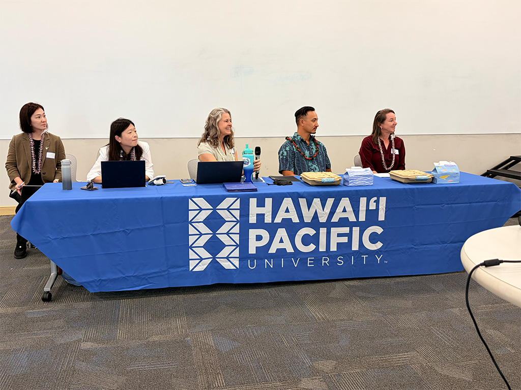 Panelists at the International Workshop on Derelict Fishing Gear included (left to right): Shiau-Yun Lu, Jennifer Lynch, Ryan Kanakaʻole, Brenda Jensen