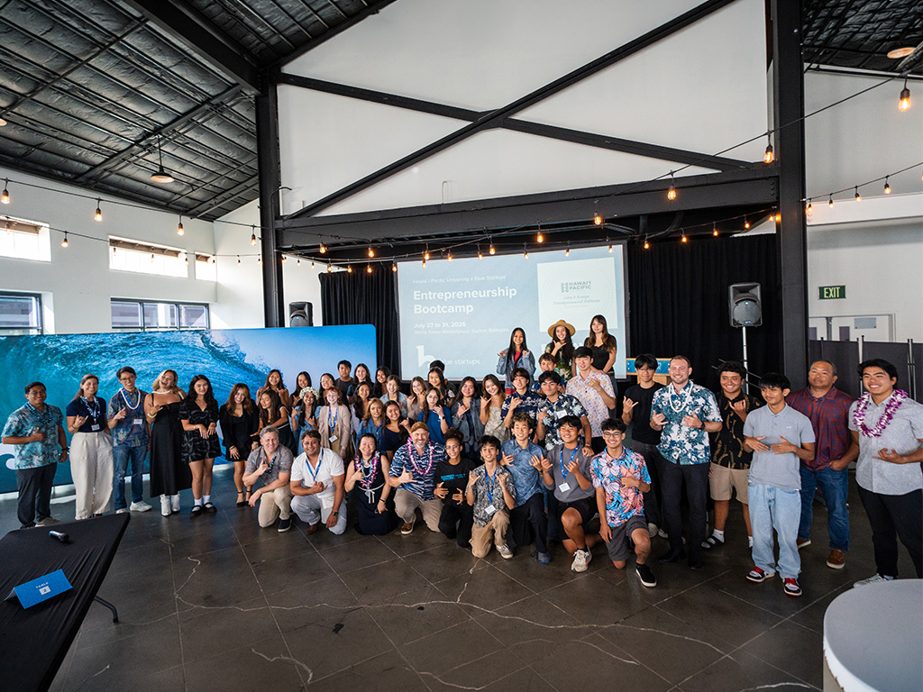 HPU and Blue Startups representatives with Hawai'i high school students on presentation day