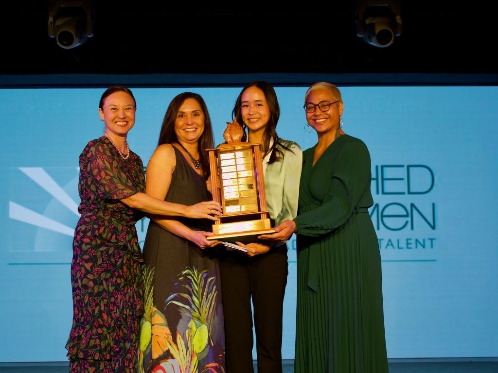 From left to right, Dr. Brandy Sato, President of Sacred Hearts Academy, Sarah Morihara, Distinguished Young Women Scholarship program, Hawaii State Chairperson, Scarlett Lai, Distinguished Young Woman of Hawaii for 2027, Quincey Otuafi, HPU's Director of Admissions