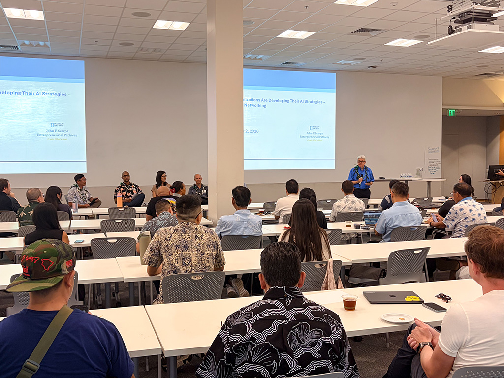 HPU President John Gotanda opens the Hawaii Tech Week AI Strategy Panel with remarks on the University's mission and values
