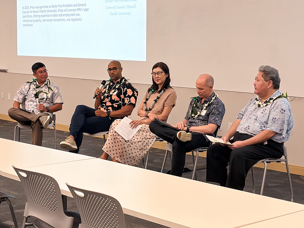 Kenji Price, second from left, answers a question during the Hawaii Tech Week AI Strategy Panel. From left: Iven Sugai, Kenji Price, Rebecca Cai, Jason D'Olier and Jason Higa