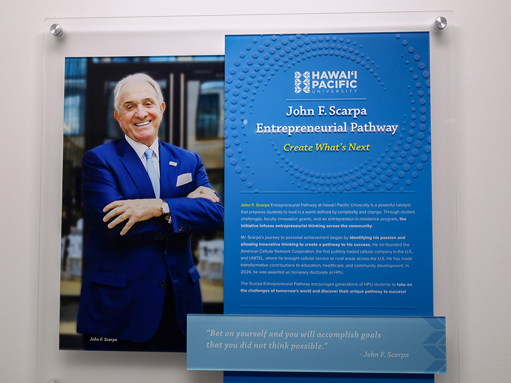 The John F. Scarpa plaque is located in the HPU College of Business at Waterfront Plaza