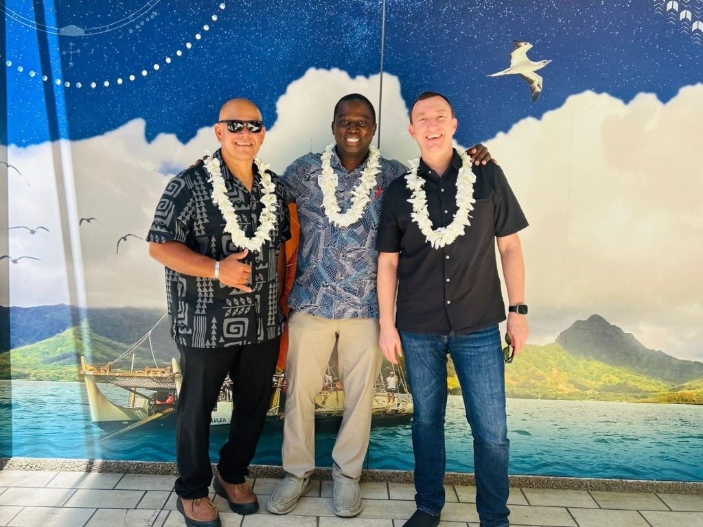 Pictured from left to right are panelists Jaime Lopez, Director of Facilities Management at Brigham Young University-Hawaiʻi, Dingilizwe Clarence Ncube, Facilities and Sustainability Project Manager at HPU, and Brian Strawn, Director of Planning and Spatial Experience at the University of Hawaiʻi