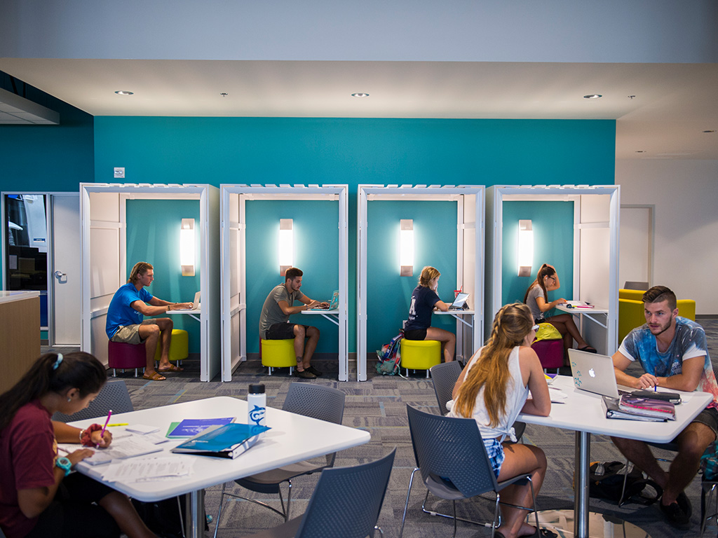 The Learning Commons includes isolated booths for study