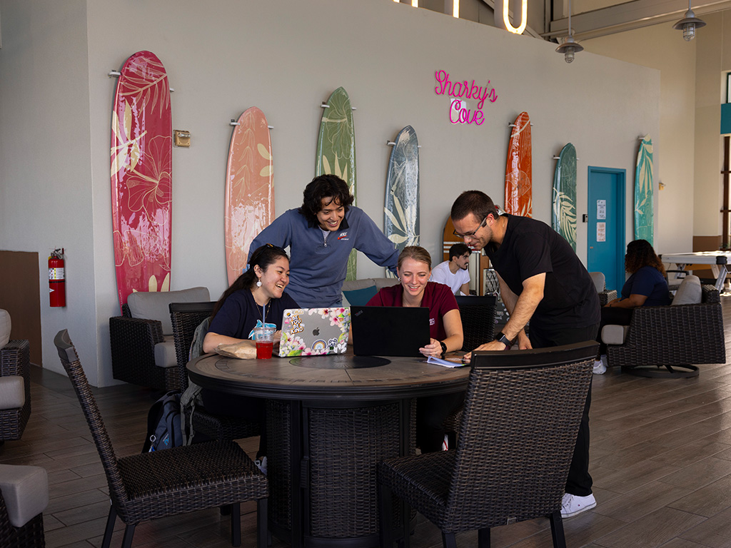Sharky's Cove includes a laid-back study spot during the day with comfortable seating options and a nice view of the water
