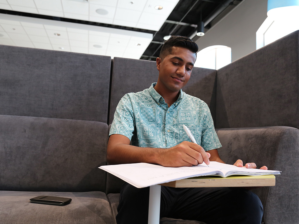 There are comfortable chairs and booths in The Learning Commons, an ideal spot to study