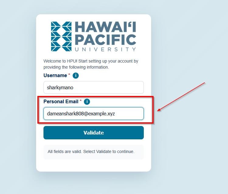 Personal Email field filled in with an example email address, highlighted with a red box