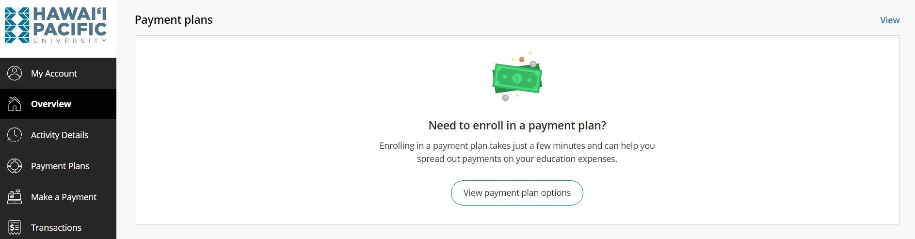 image of the payment portal; click on view payment plan options