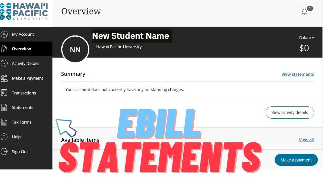 image of payment portal with arrow pointing to "statements" 