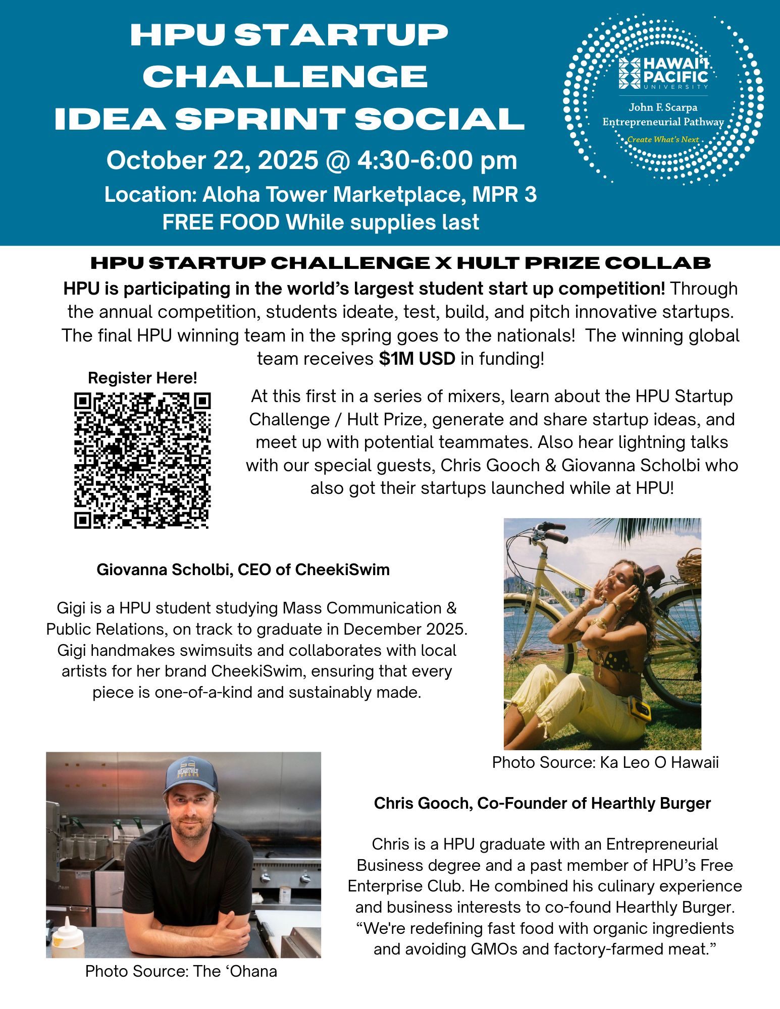 This is a flyer advertising HPU Startup Challenge: Idea Sprint Social